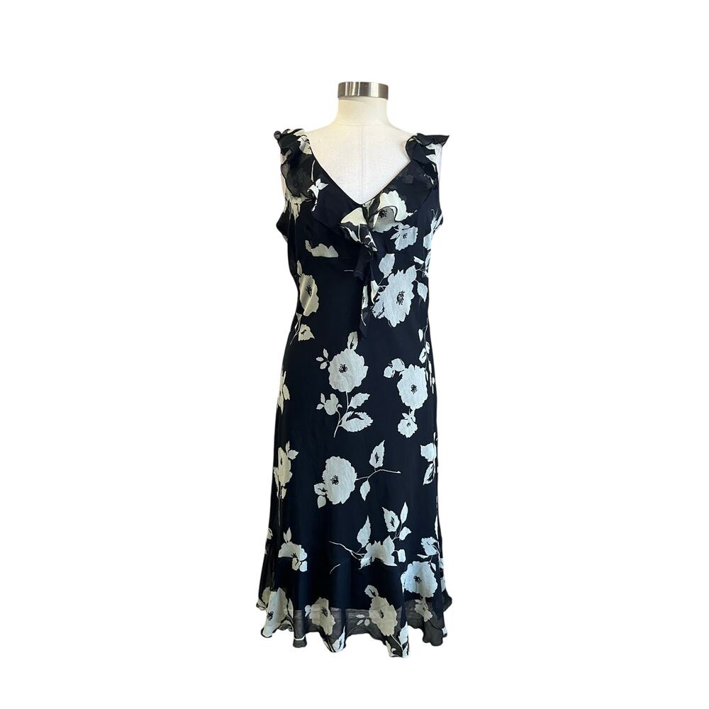 Jonathan Martin Studio Y2K Floral Ruffle Midi Dress Vintage 2000s Black Size‎ 12